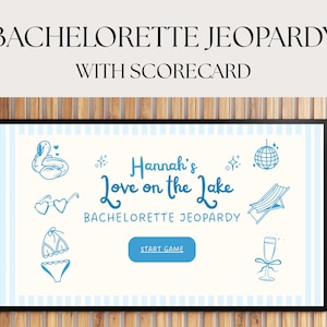 May include: A framed game board with the text "Bachelorette Jeopardy" and "Hannah's Love on the Lake" in blue script. The board features illustrations of a swan float, heart-shaped sunglasses, a bikini, a disco ball, a lounge chair, and a champagne glass.