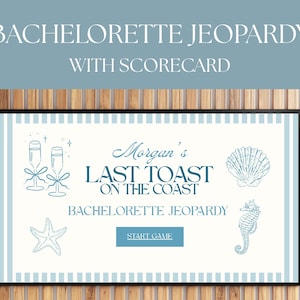 Modèle de jeu Last Toast Bachelorette Jeopardy, Coastal bleu Bachelorette Jeopardy Trivia Game modifiable, bleu blanc mariée Jeopardy PPT