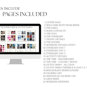 May include: A computer screen displaying a list of 22 pages included in a digital planner. The pages include a cover page, welcome note from the bride, the girls, main contacts, the stay, the itinerary, travel details, the rooms, weekend details, itinerary for each day, activity details, the vibe moodboard, the vibe colors and mood, outfit inspiration for all days, outfit inspiration themes, restaurant reservations, packing list, individual packing list, groceries, and weekend expenses.