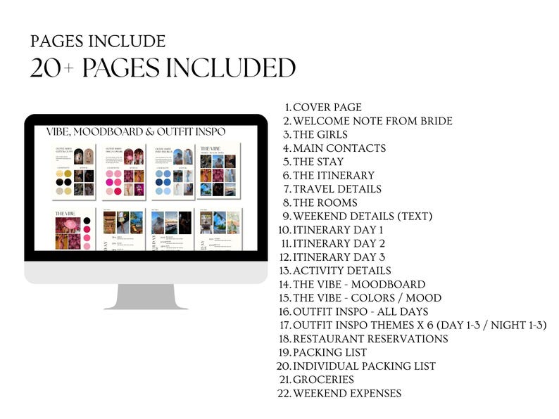 May include: A computer screen displaying a list of 22 pages included in a digital planner. The pages include a cover page, welcome note from the bride, the girls, main contacts, the stay, the itinerary, travel details, the rooms, weekend details, itinerary for each day, activity details, the vibe moodboard, the vibe colors and mood, outfit inspiration for all days, outfit inspiration themes, restaurant reservations, packing list, individual packing list, groceries, and weekend expenses.