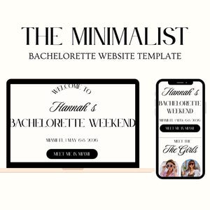 Peut inclure: Maquette de site web minimaliste pour un week-end d'enterrement de vie de jeune fille. La conception présente un ordinateur portable et un smartphone affichant les détails de l'événement, avec le texte "Hannah's Bachelorette Weekend" et "Meet Me in Miami."