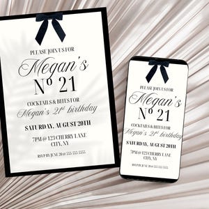 May include: An invitation for Megan's 21st birthday, featuring elegant script and a black bow. The invitation includes details for cocktails and bites on August 20th at 7 PM, with an RSVP date and contact information.