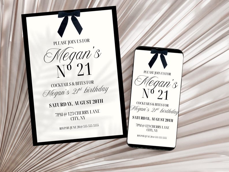 May include: An invitation for Megan's 21st birthday, featuring elegant script and a black bow. The invitation includes details for cocktails and bites on August 20th at 7 PM, with an RSVP date and contact information.