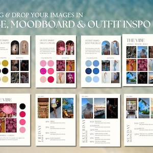 May include: A digital mood board with a white background and black text. The board is divided into sections for outfit inspiration, color palettes, and aesthetics. The sections are labeled "Cliez & Glam", "Disco Cowgirl", "Into the Blue", and "Sparky, Beachy, Bold". The board also includes a calendar with the days of the week and the dates.