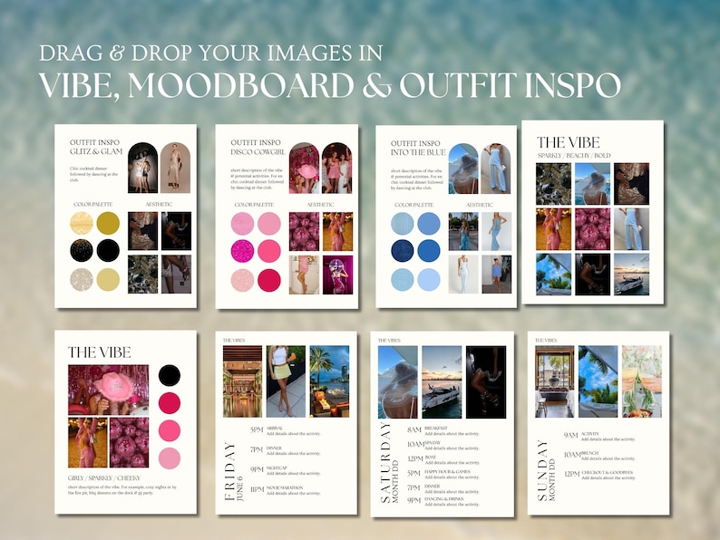May include: A digital mood board with a white background and black text. The board is divided into sections for outfit inspiration, color palettes, and aesthetics. The sections are labeled "Cliez & Glam", "Disco Cowgirl", "Into the Blue", and "Sparky, Beachy, Bold". The board also includes a calendar with the days of the week and the dates.