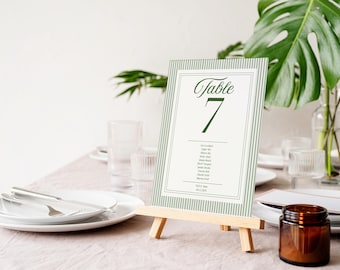 Green Stripe Wedding Table Number Template, Trendy Retro Wedding Table Sign Green Stripe, Editable Wedding Table Numbers Sage Green Canva