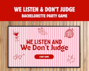 Plantilla de juego de despedida de soltera "Escuchamos y no juzgamos", juego de despedida de soltera divertido y editable en Canva, juego de despedida de soltera "Escucha y juzga"