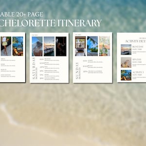 May include: Editable bachelorette itinerary template with a white background and black text. The itinerary includes a schedule for Friday, Saturday, and Sunday. Each day has a list of activities with times and space to add details about the activity. The template also includes a section for activity details with space to add the date, time, and a description of the activity.