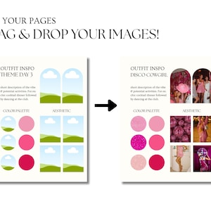 May include: Two pages with a drag and drop interface for creating outfit inspiration boards. The left page is for a "Theme Day 3" outfit and the right page is for a "Disco Cowgirl" outfit. Each page has a color palette and aesthetic section with blank spaces to add images.