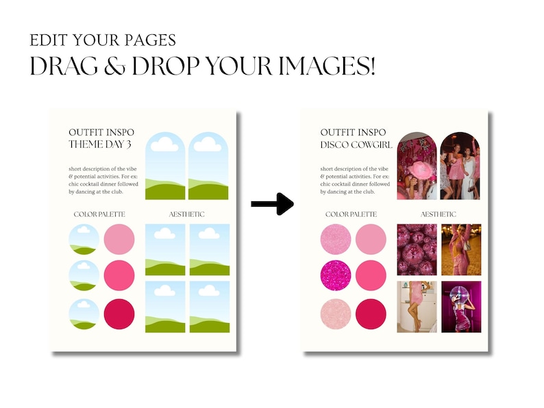 May include: Two pages with a drag and drop interface for creating outfit inspiration boards. The left page is for a "Theme Day 3" outfit and the right page is for a "Disco Cowgirl" outfit. Each page has a color palette and aesthetic section with blank spaces to add images.