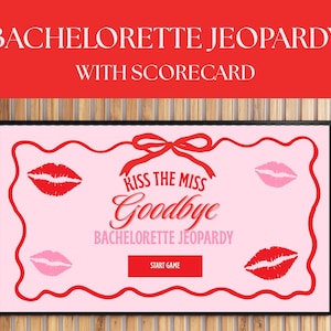 Szablon gry Jeopardy Kiss the Miss Goodbye Bachelorette, gra Jeopardy Trivia Kiss the Miss Bachelorette Edytowalny Canva, Różowo-czerwony Trivia
