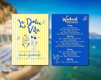 Invitación de despedida de soltera italiana Dolce Vita, invitación editable de despedida de soltera en la costa de Amalfi, invitación de despedida de soltera con rayas amarillas en Italia y Europa.