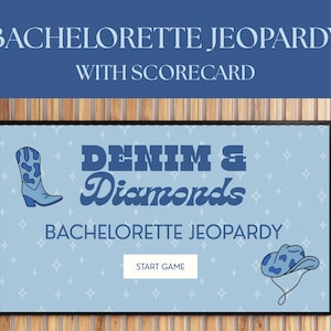 Könnte beinhalten: Ein blauer und weißer Bildschirm mit dem Text "Denim & Diamonds Bachelorette Jeopardy" und einem Button mit der Aufschrift "Start Game". Auf dem Bildschirm sind blaue Sterne sowie ein Cowboy-Stiefel und ein Hut zu sehen.
