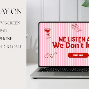 Op de afbeelding: Een laptop toont een roze en witte gestreepte achtergrond met de tekst "WE LISTEN AND We Don't Judge". Rode illustraties van een cocktail, hoge hakken, hartvormige bril en een discobal zijn ook zichtbaar. De laptop staat open op een wit oppervlak.
