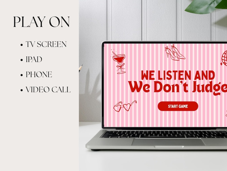 Op de afbeelding: Een laptop toont een roze en witte gestreepte achtergrond met de tekst "WE LISTEN AND We Don't Judge". Rode illustraties van een cocktail, hoge hakken, hartvormige bril en een discobal zijn ook zichtbaar. De laptop staat open op een wit oppervlak.