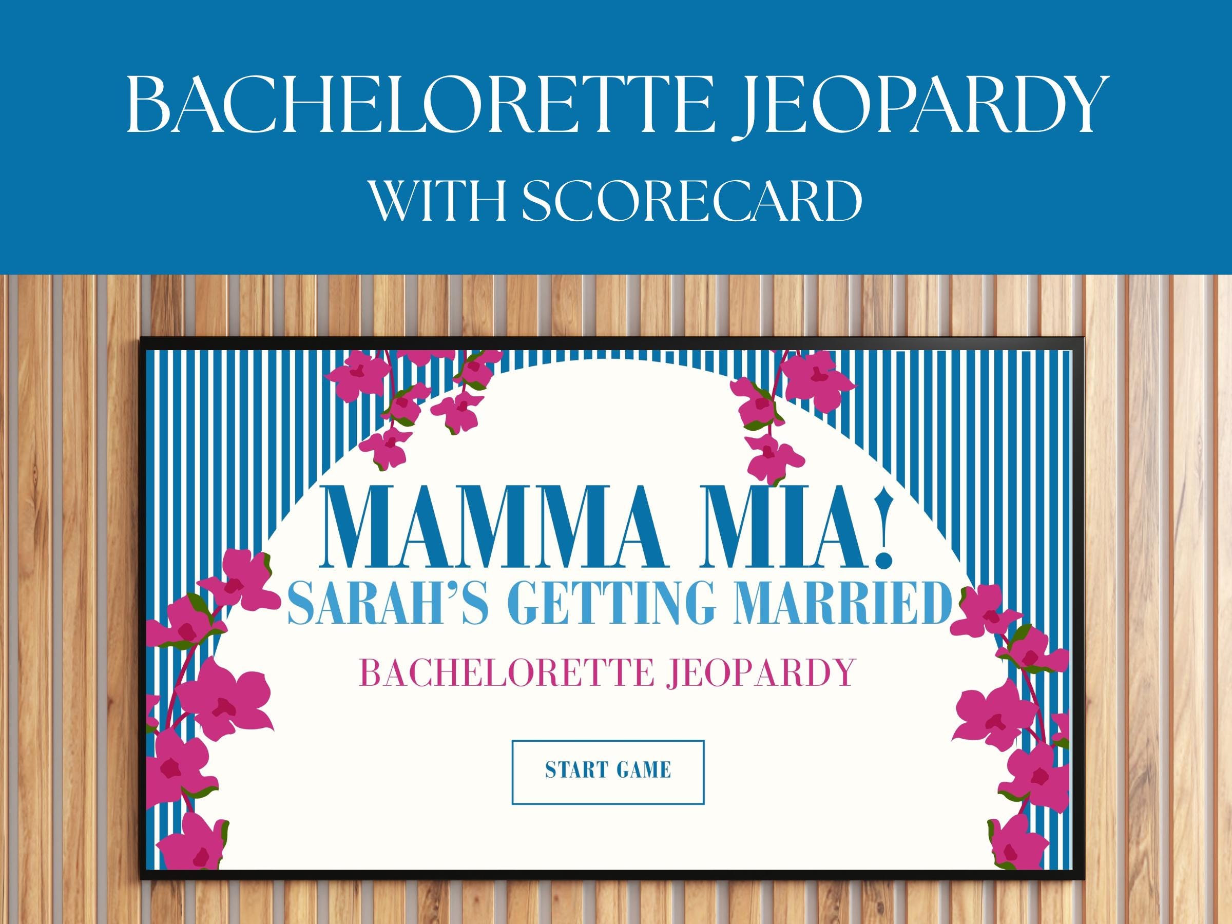 Greece Blue Bachelorette Jeopardy Game Template, Greece Villa Blue Bachelorette Jeopardy Trivia Game Editable Canva, Blue Bride Jeopardy PPT