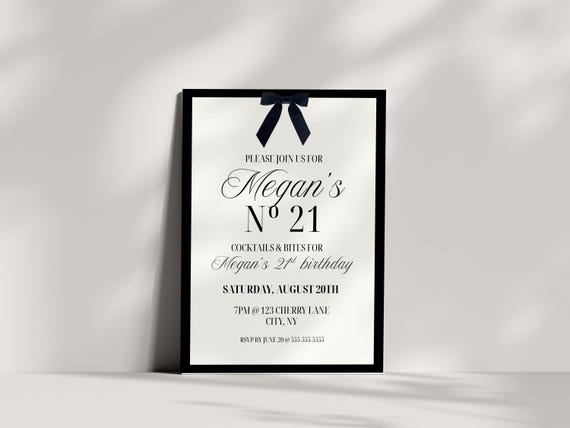 No21 Birthday invite Template, Classy Black White Bows Birthday invite Editable Canva template, Elegant Bow Old Money Birthday Invite