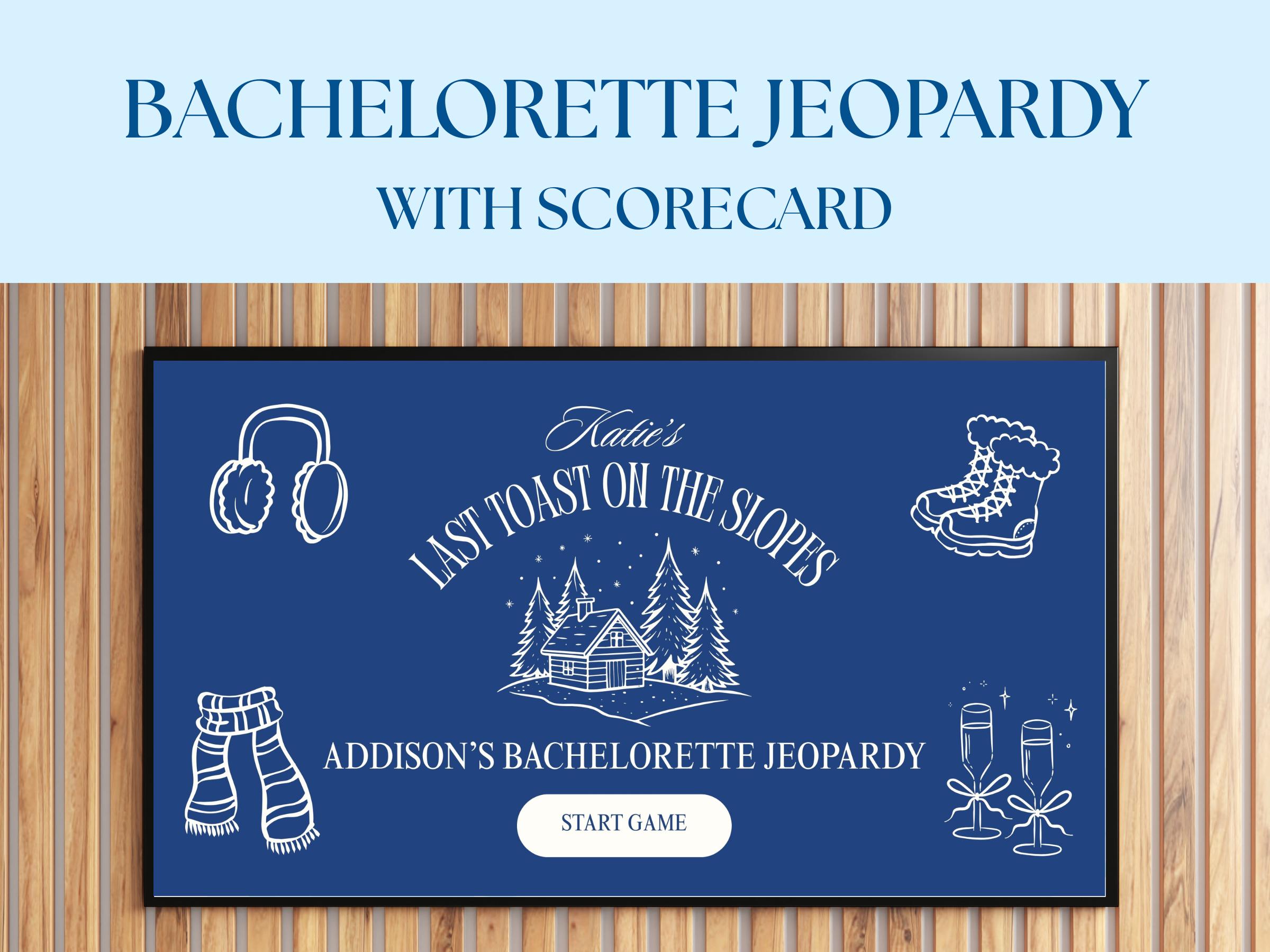 Last Toast on the Slopes Bachelorette Jeopardy Game Template, Apres Ski Bachelorette Jeopardy Game Editable Canva, Blue Bride Jeopardy