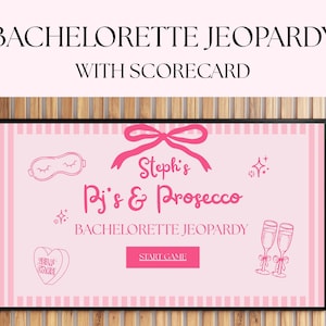 Pyjamas & Prosecco Bachelorette Jeopardy modèle de jeu, rose pyjama EVJF jeu-questionnaire sur toile modifiable, pyjamas Prosecco Trivia