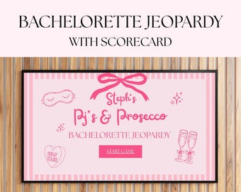 PJs & Prosecco Bachelorette Jeopardy Game Template, Pink Sleepover Bachelorette Jeopardy Trivia Game Editable Canva, PJs Prosecco Trivia