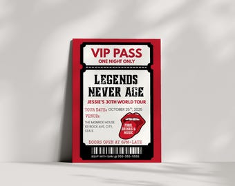 Legends Never Age Geburtstagseinladung, Rock and Roll Geburtstagseinladung, Red Glam Rockstar Geburtstagseinladung Vorlage Canva