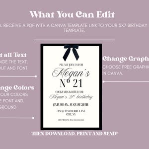 May include: A digital invitation template for a 21st birthday party. The design features a black frame with a black bow, and the text "Megan's No. 21" in elegant script. The invitation includes details for the event, such as the date, time, and location.