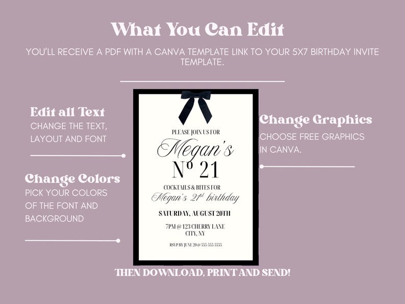May include: A digital invitation template for a 21st birthday party. The design features a black frame with a black bow, and the text "Megan's No. 21" in elegant script. The invitation includes details for the event, such as the date, time, and location.