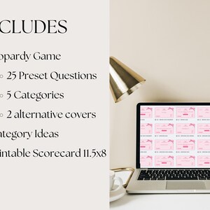May include: A digital download for a printable Jeopardy game with 25 preset questions, 5 categories, 2 alternative covers, category ideas, and a printable scorecard. The game is shown on a laptop screen with a pink and white color scheme.