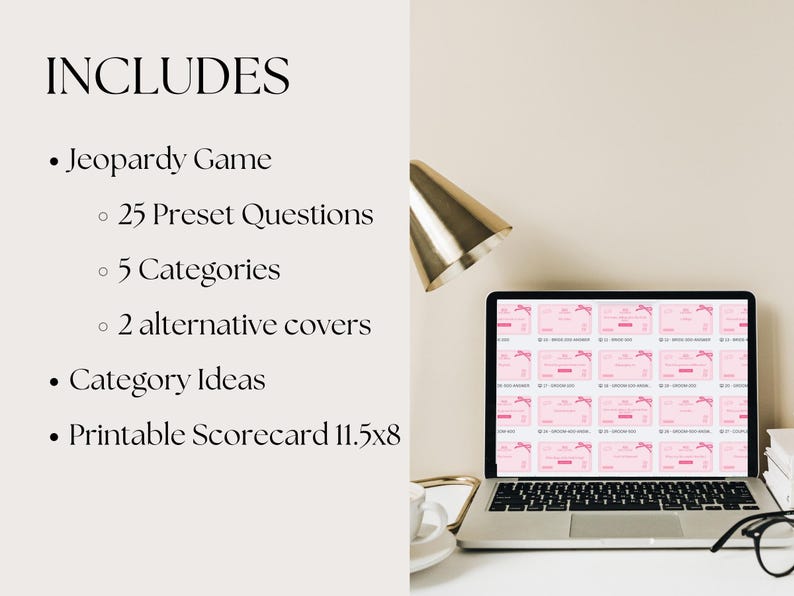 May include: A digital download for a printable Jeopardy game with 25 preset questions, 5 categories, 2 alternative covers, category ideas, and a printable scorecard. The game is shown on a laptop screen with a pink and white color scheme.