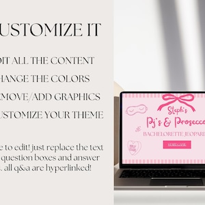May include: A pink and white laptop screen displaying a bachelorette party game called "Steph's Pj's & Prosecco Bachelorette Jeopardy". The game has a pink and white striped background with a pink bow, a pink sleep mask, and two pink champagne glasses.