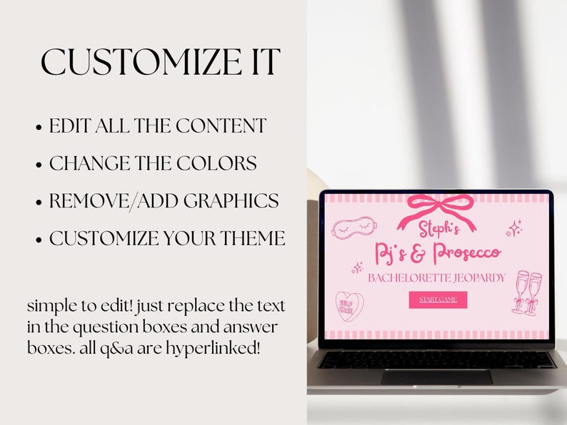 May include: A pink and white laptop screen displaying a bachelorette party game called "Steph's Pj's & Prosecco Bachelorette Jeopardy". The game has a pink and white striped background with a pink bow, a pink sleep mask, and two pink champagne glasses.