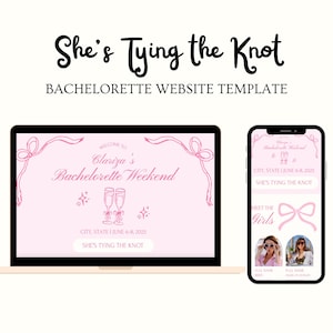 Könnte beinhalten: Eine Vorlage für eine Bachelorette-Website, die auf einem Laptop und Smartphone angezeigt wird. Das Design verwendet ein rosa Farbschema mit dem Text "She's Tying the Knot" und "Bachelorette Website Template". Der Laptop-Bildschirm zeigt "Clariza's Bachelorette Weekend".