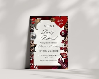 Cherry Leopard Invitation Cheetah Print Red, Cheetah Print Invite, Party Animal Invitation Red Cherry, Leopard Red Glam Birthday Invite