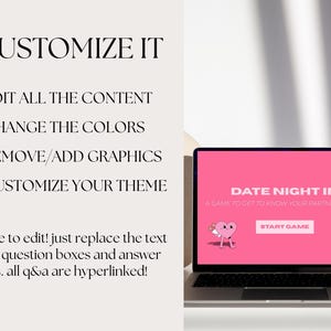 May include: A laptop displays a pink screen with the text "DATE NIGHT IN" and "A GAME TO GET TO KNOW YOUR PARTNER BETTER." The screen also features cartoon heart graphics. Text on the left side says "CUSTOMIZE IT" and lists editing options.