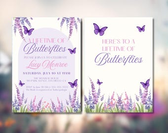 May include: Two invitation cards with a floral and butterfly theme. The text reads "A Lifetime of Butterflies" and "Here's to a Lifetime of Butterflies". The invitations include the name "Lucy Monroe" and event details.