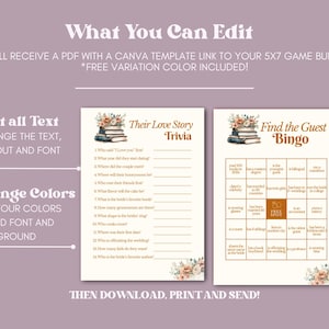 Pu&ograve; includere: Un pacchetto di giochi di nozze digitali con due modelli stampabili: "Their Love Story Trivia" e "Find the Guest Bingo". I modelli presentano accenti floreali e testo modificabile. Lo sfondo &egrave; viola chiaro.