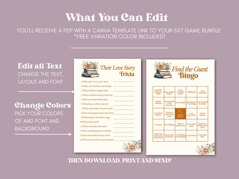 Pu&ograve; includere: Un pacchetto di giochi di nozze digitali con due modelli stampabili: "Their Love Story Trivia" e "Find the Guest Bingo". I modelli presentano accenti floreali e testo modificabile. Lo sfondo &egrave; viola chiaro.