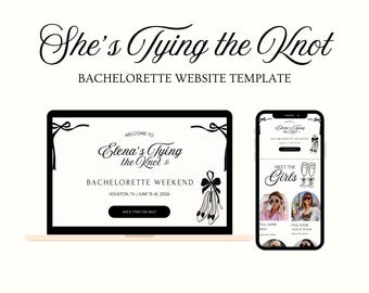 Itinerario para la despedida de soltera "She's Tying the Knot" (Ella se casa), Planificador de despedida de soltera con lazos negros en Canva, Plantilla editable de itinerario para la despedida de soltera con lazos