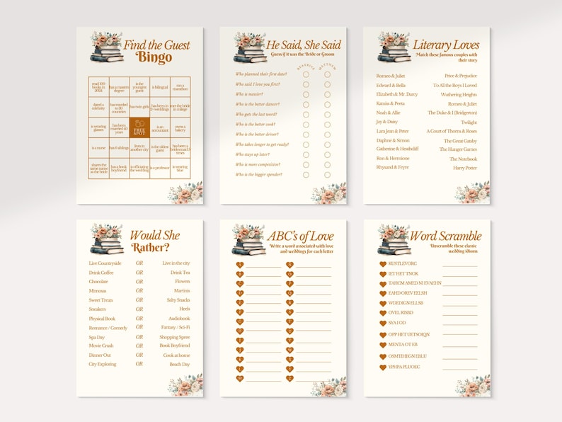Pu&ograve; includere: Sei biglietti di giochi di nozze stampabili con illustrazioni floreali e di libri. I giochi includono Bingo, He Said She Said, Literary Loves, Would She Rather, ABC's of Love e Word Scramble. Le carte hanno uno sfondo color crema con testo marrone.