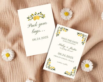 Modern Lemon Theme Save the Date Template, Editable Canva Italy theme template, Italy Wedding Save the date, Yellow and green save the date