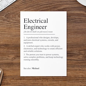 Puede incluir: Una tarjeta blanca con el texto "Electrical Engineer" y su definición. La tarjeta está sobre una superficie de madera, con un teclado y una taza de café en el fondo. La definición describe el papel de un ingeniero eléctrico.