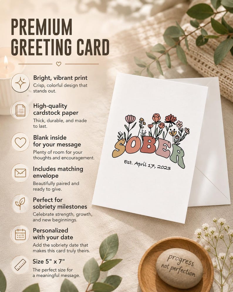 May include: A white greeting card with the word "SOBER" in colorful letters and floral accents. The card is 5" x 7" and includes the date "Est. April 17, 2023". The card is designed for sobriety milestones.