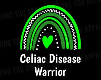 May include: Green rainbow with white zig-zag and dotted lines, a green heart in the center, and the text "Celiac Disease Warrior" in white.