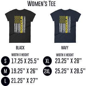 May include: Two women's t-shirts with a yellow ribbon warrior design on a white American flag. The shirts are available in black and navy. The size chart shows the width and height of each size in inches.