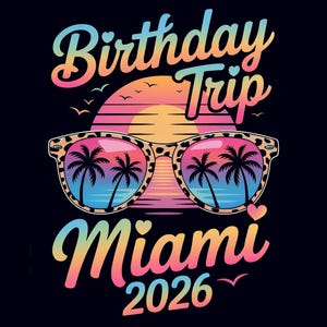May include: A graphic design on a black background with the words "Birthday Trip Miami 2026". The design includes sunglasses with a leopard print frame and a sunset scene reflected in the lenses.