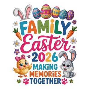 Op de afbeelding: Een kleurrijke afbeelding voor Family Easter 2026, met paaseieren, konijnenoren, een kuiken en een konijn. De tekst luidt "Family Easter 2026 Making Memories Together" in verschillende kleuren, met wortels en bloemen.