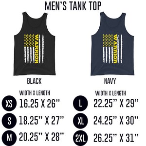 May include: A tank top with a black and navy blue color option. The tank top features a white and yellow American flag design with the word "WARRIOR" written vertically down the right side of the flag. The tank top is available in sizes XS, S, M, L, XL, and 2XL. The size chart shows the width and length of each size in inches.