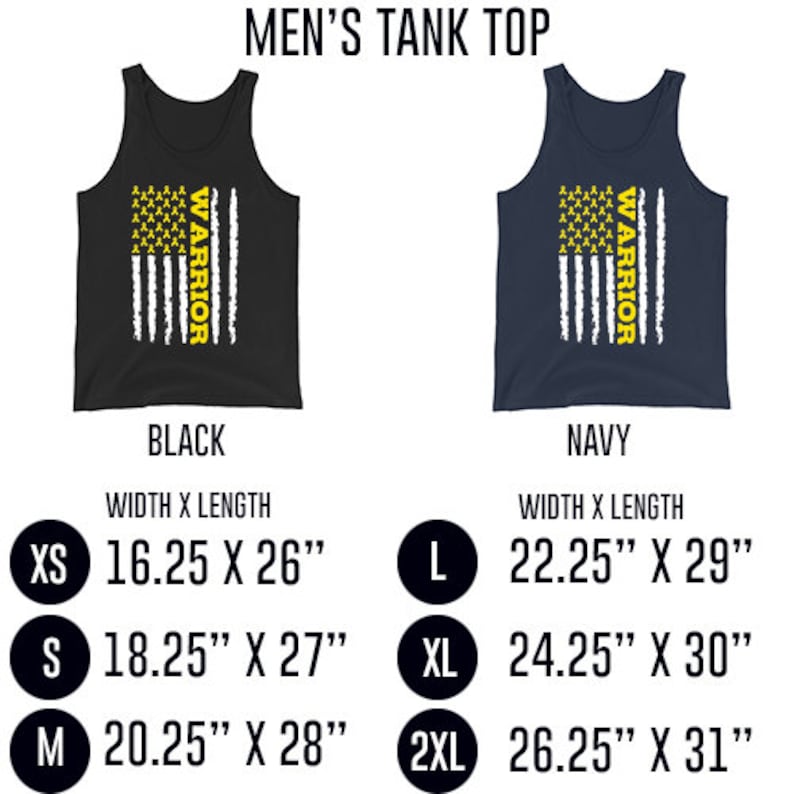 May include: A tank top with a black and navy blue color option. The tank top features a white and yellow American flag design with the word "WARRIOR" written vertically down the right side of the flag. The tank top is available in sizes XS, S, M, L, XL, and 2XL. The size chart shows the width and length of each size in inches.