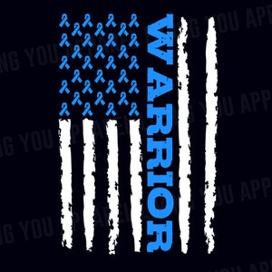 May include: An American flag design with blue ribbon shapes in the place of stars. The word "WARRIOR" is written vertically in blue on the left side of the flag.