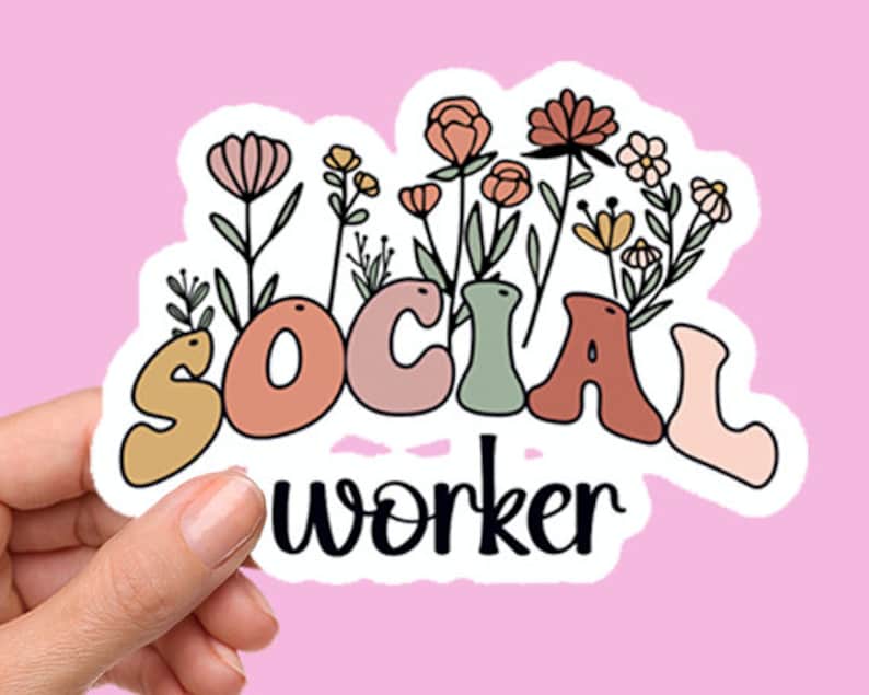 K&ouml;nnte beinhalten: Ein Aufkleber mit einem floralen Design und dem Text "SOCIAL WORKER" in einer farbenfrohen, verspielten Schrift.